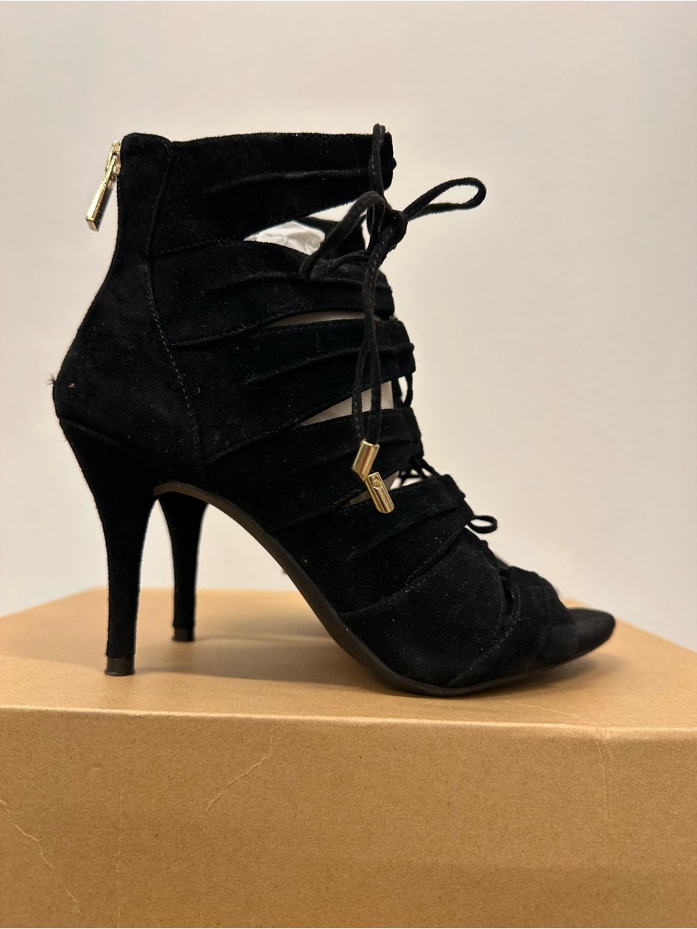 Jessica Simpson Black Lace-Up Peep Toe Stiletto Booties
